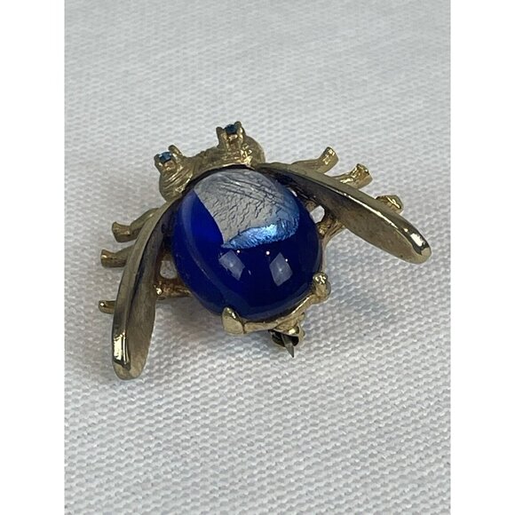 Vintage Faux Lapiz Lazuli Fly Insect Brooch Gold Tone Blue Rhinestone Eyes - Picture 4 of 8